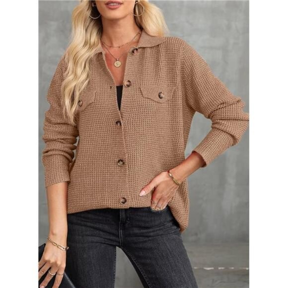 ☕ Waffle Knit Button-Down Cardigan | Soft Lightweight Shirt - Picture 2 of 4
